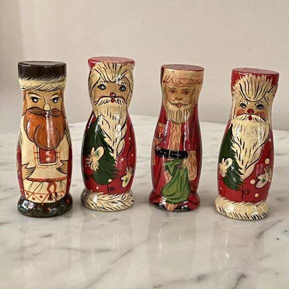 Vintage Russian Folk Art Santas 3.25” Wood Christmas Collection Set of 4 - Picture 9 of 9